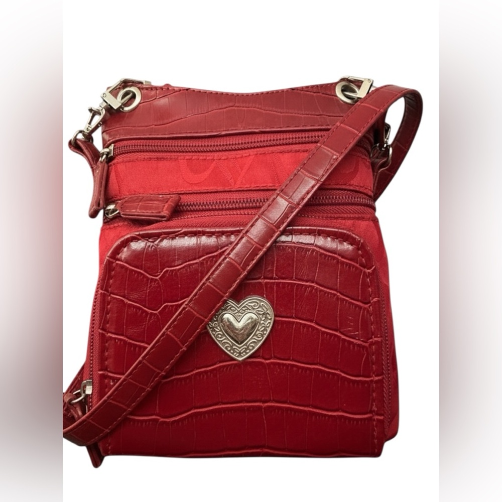 Vintage Red Croc Embossed Leather Organizer Crossbody Bag Heart Charm